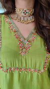 Hand Embroidered Lime Green Kaftan With Dhoti Skirt