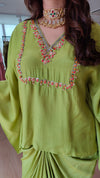 Hand Embroidered Lime Green Kaftan With Dhoti Skirt