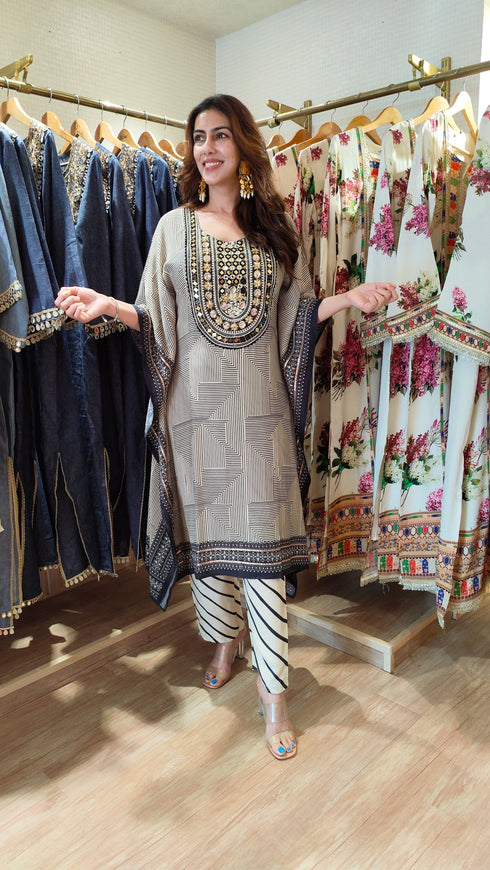 Black Stripe Kaftan with Pant