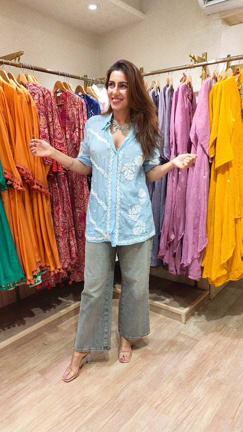 Blue Hand Embroidered Lucknowi Shirt