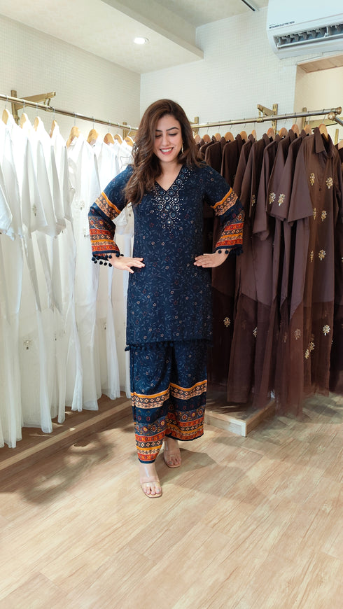 Navy Blue Mirror Work Floral Coord Set