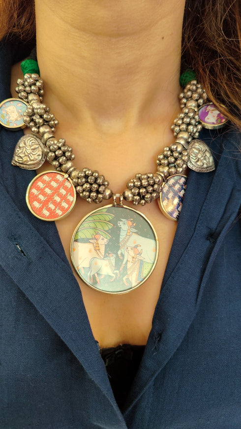 Handcrafted Oxidized Necklace with Printed Pendants