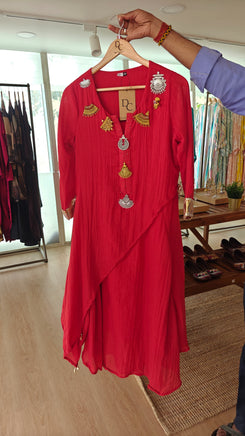 Red Metal Linen Drape Dress