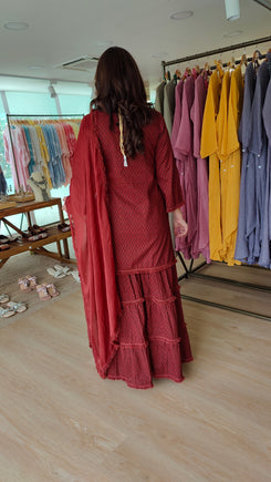 Embroidered Maroon Long Yoke Sharara Set
