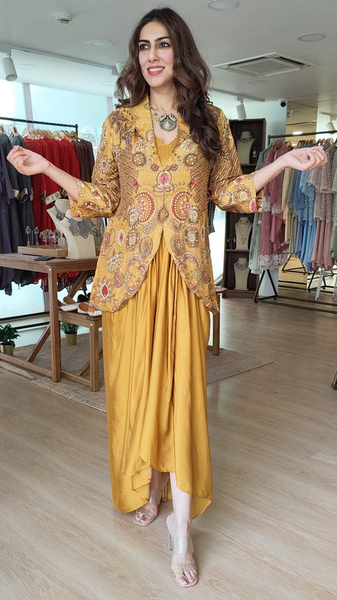 Hand Embroidered Mustard Jacket & Dress