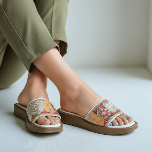 White Patchwork Embroidered Slider