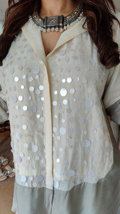 Sequin Off-White Grey Shirt Palazzo Set