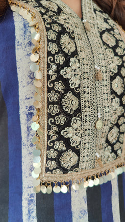 Stripe Blue Embroidered Kaftan With Pant
