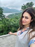 (DivyankaTripathi) Three Piece Off-White Drape Pant Set with Handbag