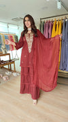 Embroidered Maroon Long Yoke Sharara Set