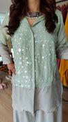 Sequin Green Grey Shirt Palazzo Set