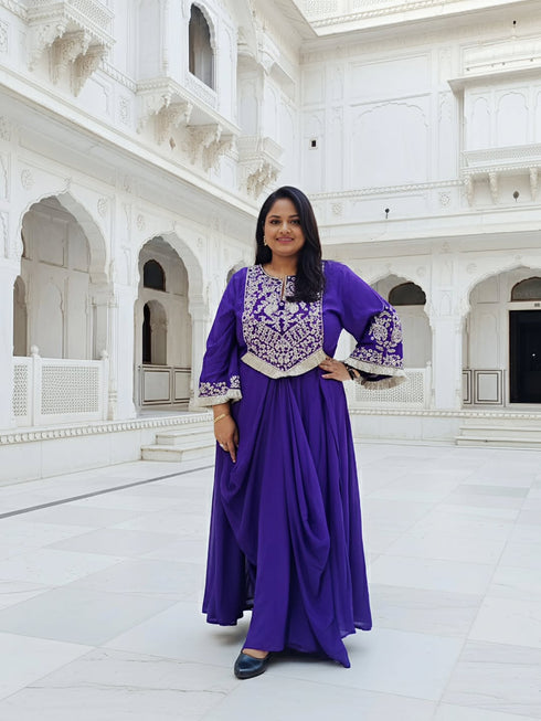 Purple Drape Skirt Set with Embroidered High-Low Top