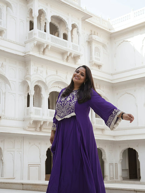 Purple Drape Skirt Set with Embroidered High-Low Top