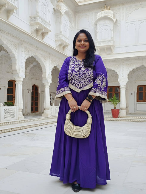 Purple Drape Skirt Set with Embroidered High-Low Top