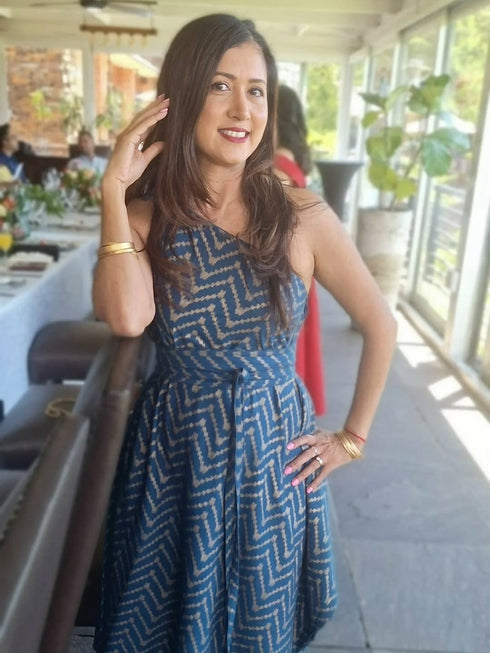 Gold Blue One Sided Kaftan With Belt