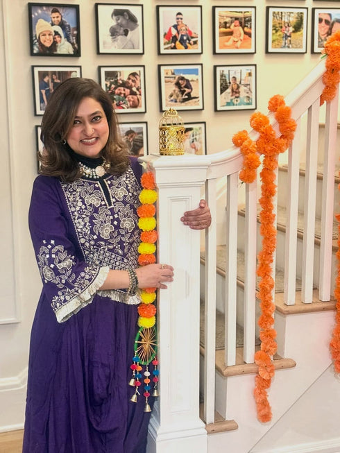 Purple Drape Skirt Set with Embroidered High-Low Top