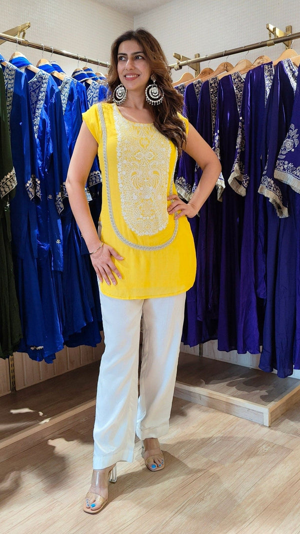 White Yellow Embroidered Coord Set