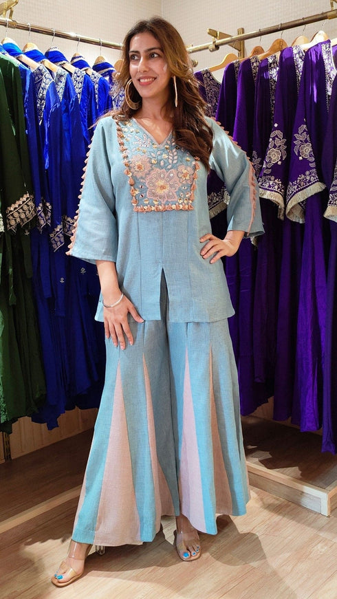 Blue Pink Embroidered Top With Kali Pants