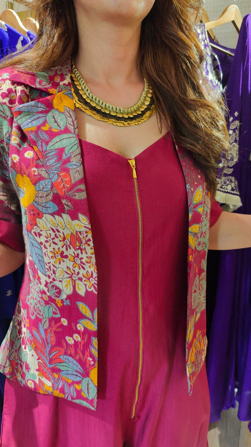 Printed Maroon Jumpsuit with Jacket