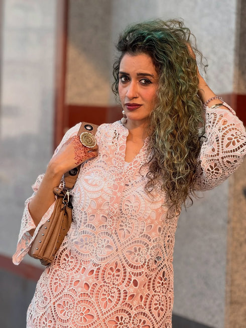 Pink Cutwork Kurta with Dhoti and Singlet