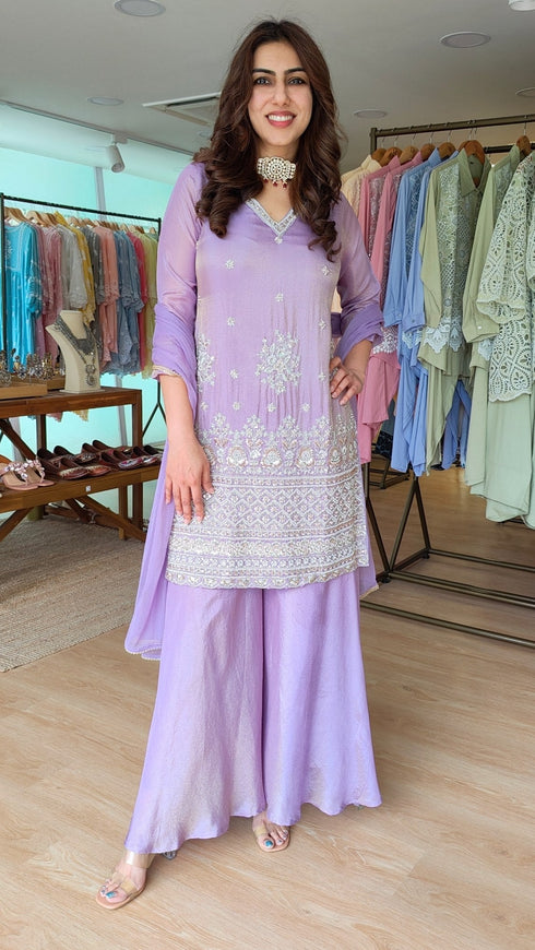 Pastel Purple Shimmer Tissue Sharara Set