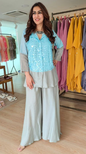 Sequin Blue Grey Shirt Palazzo Set