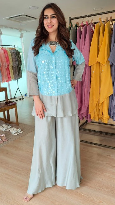 Sequin Blue Grey Shirt Palazzo Set