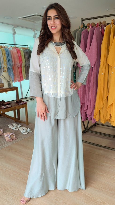 Sequin Off-White Grey Shirt Palazzo Set
