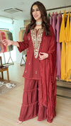 Embroidered Maroon Long Yoke Sharara Set