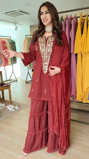 Embroidered Maroon Long Yoke Sharara Set