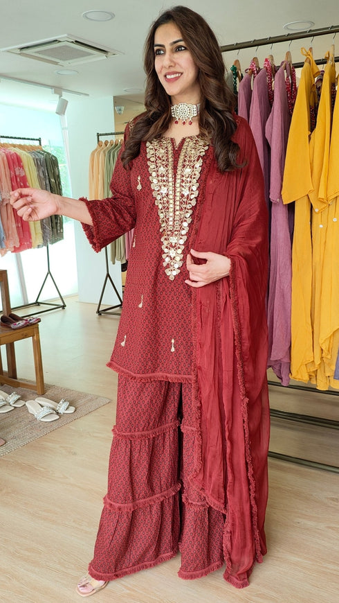 Embroidered Maroon Long Yoke Sharara Set