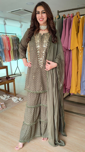 Embroidered Grey Long Yoke Sharara Set