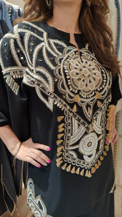 Heavily Embroidered Black Kaftan with Pant