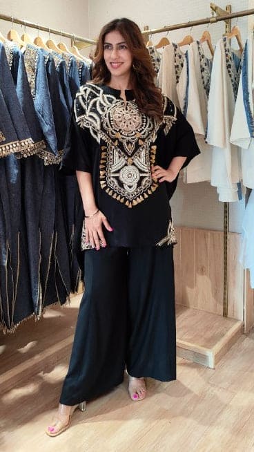 Heavily Embroidered Black Kaftan with Pant