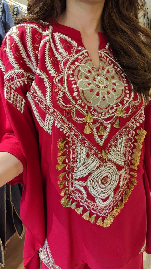 Heavily Embroidered Maroon Kaftan with Pant