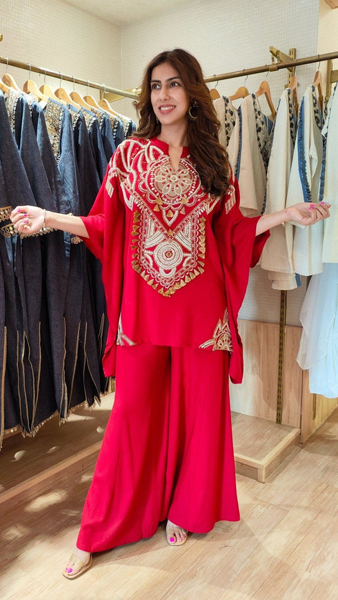 Heavily Embroidered Maroon Kaftan with Pant