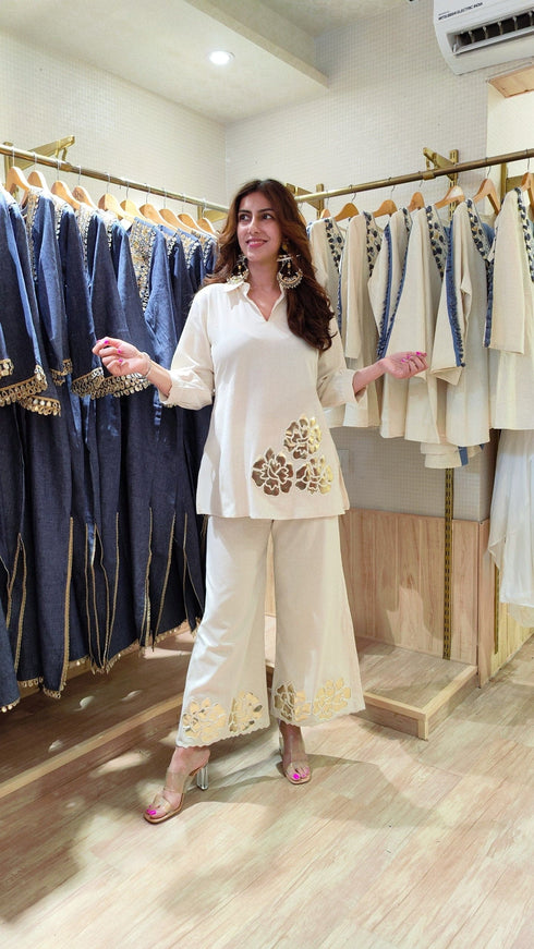 Cream White Leather Coord Set