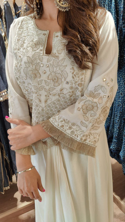 White Drape Skirt Set with Embroidered High-Low Top