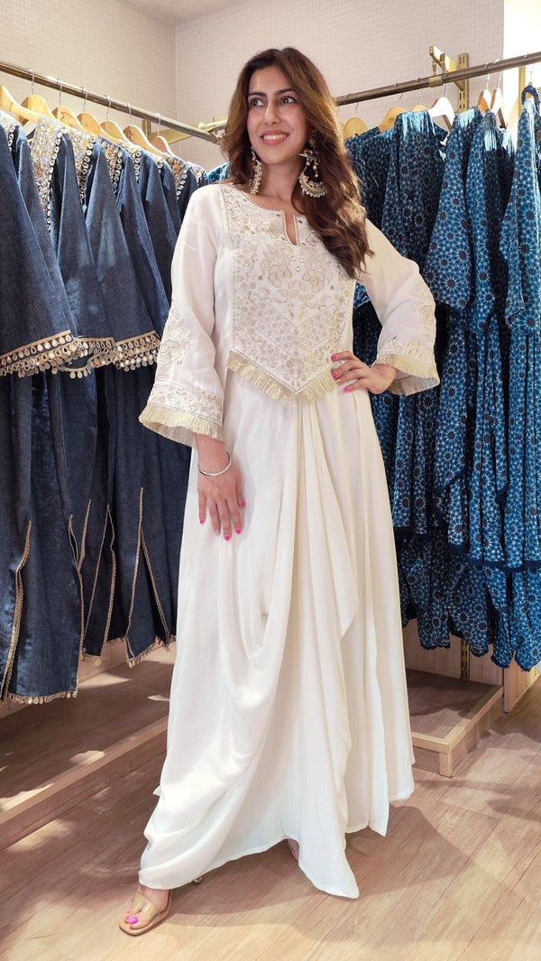 White Drape Skirt Set with Embroidered High-Low Top