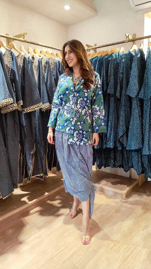 Floral Hand block Blazer Skirt Set