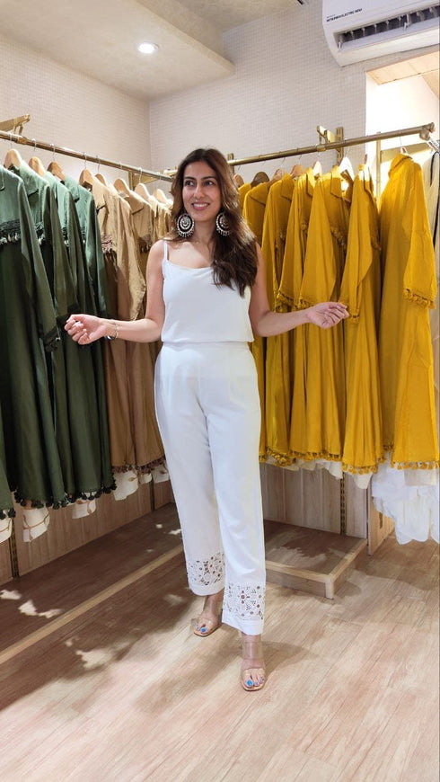 White Cutwork Kurta With Pant And Singlet