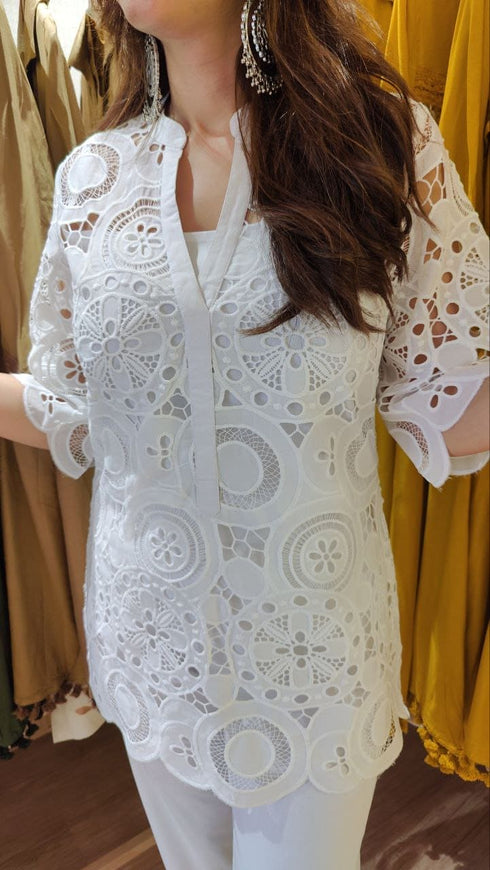 White Cutwork Kurta With Pant And Singlet