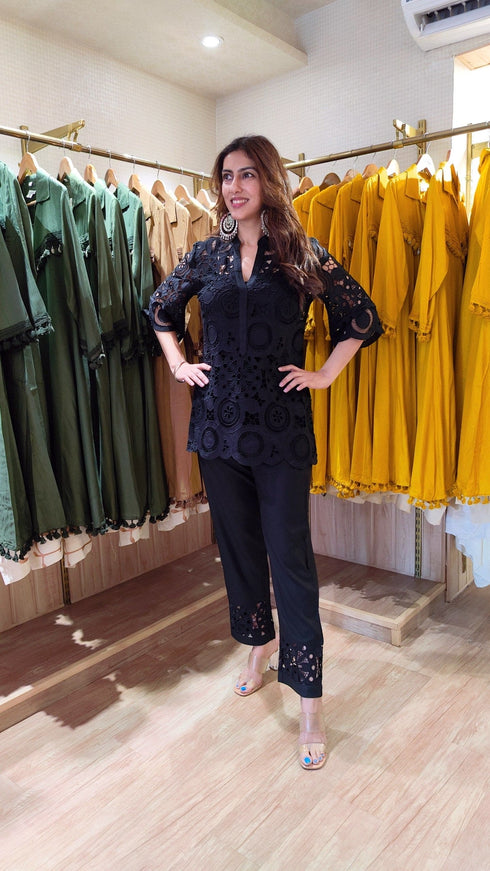 Black Cutwork Kurta With Pant And Singlet