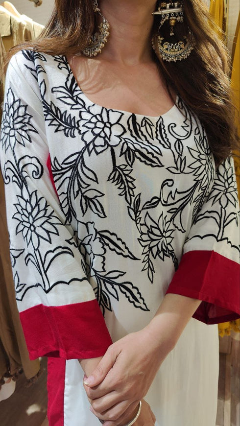 White And Red Long Embroidered Kurta With Pants