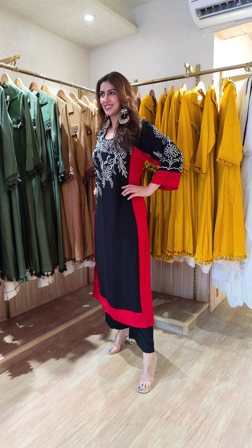 Black And Red Long Embroidered Kurta With Pants