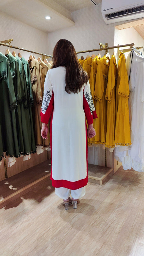 White And Red Long Embroidered Kurta With Pants