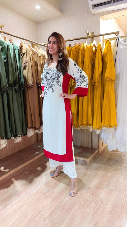 White And Red Long Embroidered Kurta With Pants