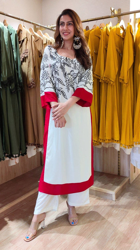 White And Red Long Embroidered Kurta With Pants