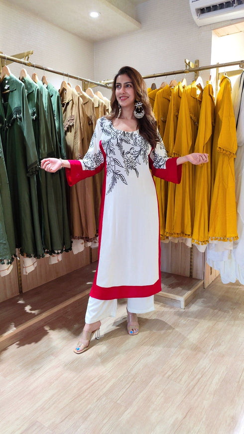 White And Red Long Embroidered Kurta With Pants