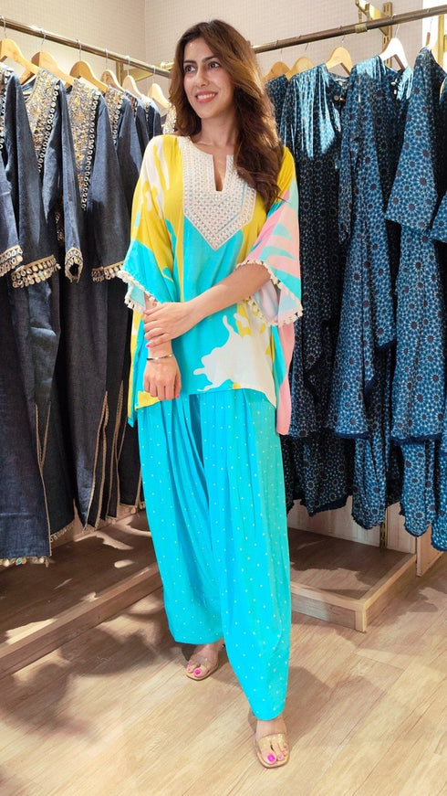 Blue Yellow Kaftan With Farshi Salwar